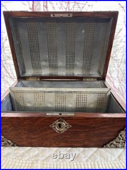 Antique Tiger Wood Cigar Box Humidor With Silver tone Corners And Embellishments