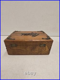 Antique Victorian Oak Cigar Humidor Box Brass Cigars Script