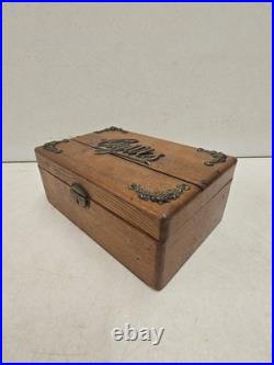 Antique Victorian Oak Cigar Humidor Box Brass Cigars Script