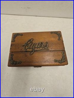 Antique Victorian Oak Cigar Humidor Box Brass Cigars Script
