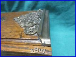 Antique Victorian Oak withornate Brass Applique Tin Lined Slide Top Cigar Box