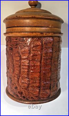 Antique Vintage Wood Carved Alligator Skin Humidor Canister Box