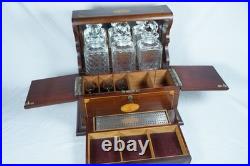 Antique Wood Inlay Tantalus Box Decanter Set Liquor Chest & Cigar Humidor with Key