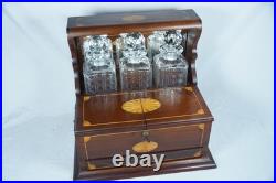 Antique Wood Inlay Tantalus Box Decanter Set Liquor Chest & Cigar Humidor with Key