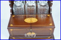 Antique Wood Inlay Tantalus Box Decanter Set Liquor Chest & Cigar Humidor with Key