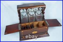 Antique Wood Inlay Tantalus Box Decanter Set Liquor Chest & Cigar Humidor with Key