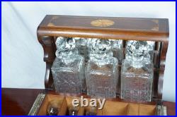 Antique Wood Inlay Tantalus Box Decanter Set Liquor Chest & Cigar Humidor with Key