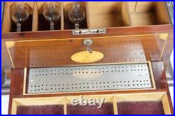 Antique Wood Inlay Tantalus Box Decanter Set Liquor Chest & Cigar Humidor with Key