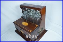 Antique Wood Inlay Tantalus Box Decanter Set Liquor Chest & Cigar Humidor with Key