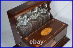 Antique Wood Inlay Tantalus Box Decanter Set Liquor Chest & Cigar Humidor with Key