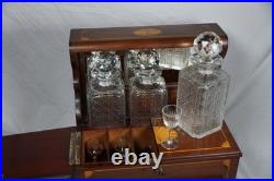 Antique Wood Inlay Tantalus Box Decanter Set Liquor Chest & Cigar Humidor with Key
