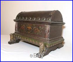 Antique handmade wood leather toleware painted cigar humidor Folk Art box trunk