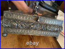 Antique ornate silver plate figural dresser cigar humidor vanity box Boy Satyr