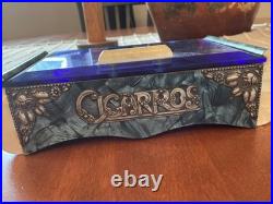 Art Deco Blue Glass Top Table Humidor/ Cigarette Box Marked CIGARROS RARE