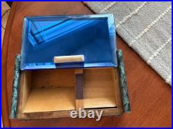 Art Deco Blue Glass Top Table Humidor/ Cigarette Box Marked CIGARROS RARE