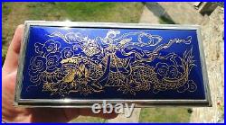 Art Deco Spain Sterling Silver Cobalt Blue Enamel/Gold Dragon Humidor Cigar Box