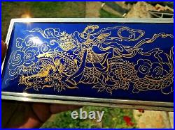 Art Deco Spain Sterling Silver Cobalt Blue Enamel/Gold Dragon Humidor Cigar Box