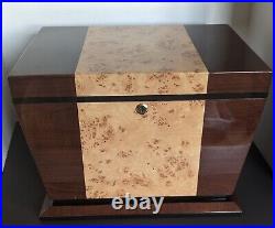 Art Deco Style Burl Wood and Mahogany Cigar Box, Humidor with Spanish Cedar