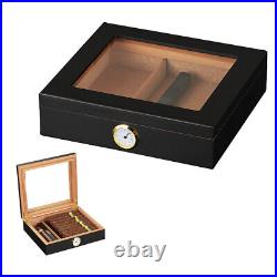Black 30ct Cigar Humidor Storage Box Desktop Glasstop Humidifier Hygrometer Gift