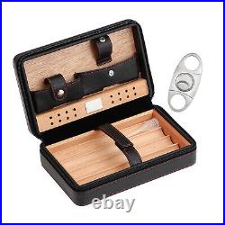 Black Cedar Wood Leather Portable Travel Cigar Humidor Box Case 4CT With Cutter