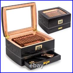 Black Cigar Humidor Box 75 Count Glass Top Spanish Cedar Interior