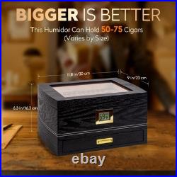 Black Cigar Humidor Box 75 Count Glass Top Spanish Cedar Interior