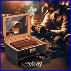 Black Cigar Humidor Box 75 Count Glass Top Spanish Cedar Interior