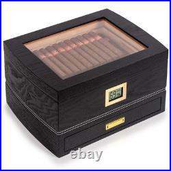 Black Cigar Humidor Box 75 Count Glass Top Spanish Cedar Interior