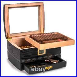 Black Cigar Humidor Box 75 Count Glass Top Spanish Cedar Interior