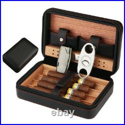 Black Leather Cigar Humidor Case 2 Jet Cigar Lighter Cutter Portable Travel Set
