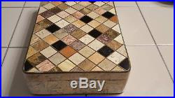 Brass Hinged Mahogany Box with Marble Mosaic Top & Travertine look on sides