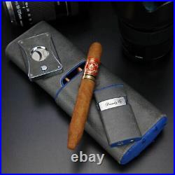 Brizard and Co Cigar Case, Cutter & Lighter Trio- Blue Ostrich and Gray Leather
