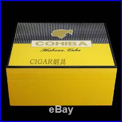 COHIBA Cedar Lined Cigar Humidor Box Ashtray Cutter Set Piano Finish Yellow