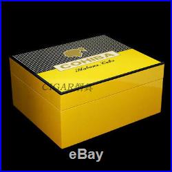 COHIBA Cedar Lined Cigar Humidor Box Ashtray Cutter Set Piano Finish Yellow