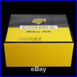 COHIBA Cedar Lined Yellow Cigar Humidor Box Ashtray Cutter Set Piano Finish