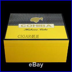 COHIBA Yellow Cedar Lined Cigar Humidor Ashtray Cutter Box Set Piano Finish