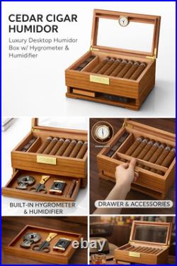 Cedar Cigar Humidor Box with Hygrometer Humidifier Drawer Divider Case