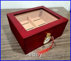 Cherry 50 Cigar Humidor Storage Box Desktop Glasstop Humidifier with Hygrometer