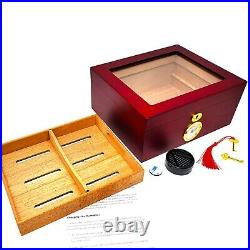 Cherry 50 Cigar Humidor Storage Box Desktop Glasstop Humidifier with Hygrometer