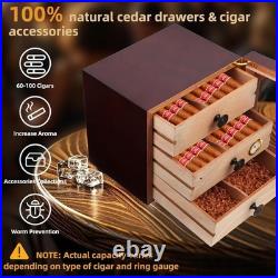 Cigar Humidor Box, 3-Layer Cedar Wood Case with Humidifier + Holders