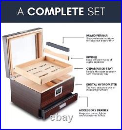 Cigar Humidor Box with Drawer for Accessories Fits 25 50 Cigars By Mantello