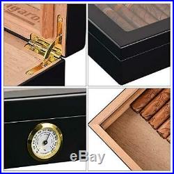 Cigar Humidor, Box with Hygrometer and Humidifier, Cedar Wood Black