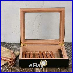 Cigar Humidor, Box with Hygrometer and Humidifier, Cedar Wood Black