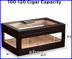Cigar Humidor Box with LED Lighting for 100-120 Cigars, Desktop Cigar Holder