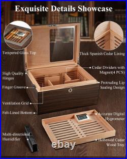 Cigar Humidor Box with Ventilation Grid Holds up to 120 Cigars, Spanish Cedar
