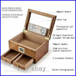 Cigar Humidor Case Box With Hygrometer Humidifier 2 Drawers Cedar Wood 25x19x13cm