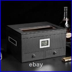 Cigar Humidor Case Cedar BLACK Wood Box Humidifier Hygrometer Travel Desktop Gla