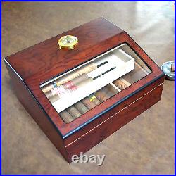 Cigar Humidor Case Wood Desktop Box Glass Top Humidifie Hygromete 50 Cigars