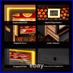 Cigar Humidor, Desktop Humidor Cabinet Triple-Sided Light with Digital Hygromete