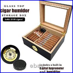 Cigar Humidor, Glass Top Cigar Box Hygrometer Humidifier & Divider Spanish Cedar